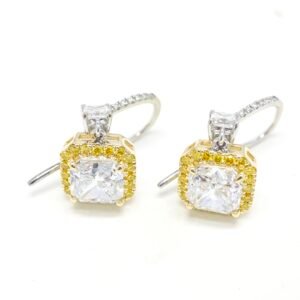 Yellow Halo Cushion Drop Earrings